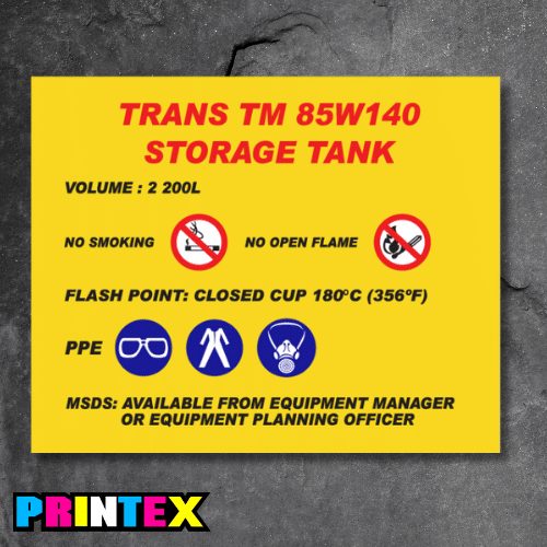 Trans TM 85W140 Storage Tank Sign